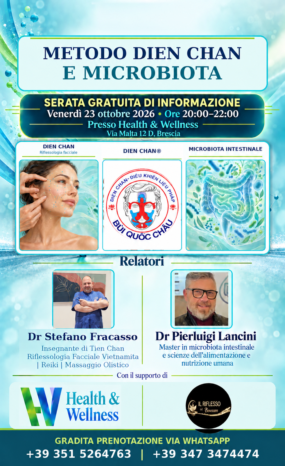 Locandina della serata Metodo Dien Chan e Microbiota, venerdì 23 ottobre 2026 dalle 20 alle 22, Health & Wellness, Via Malta 12 D, Brescia